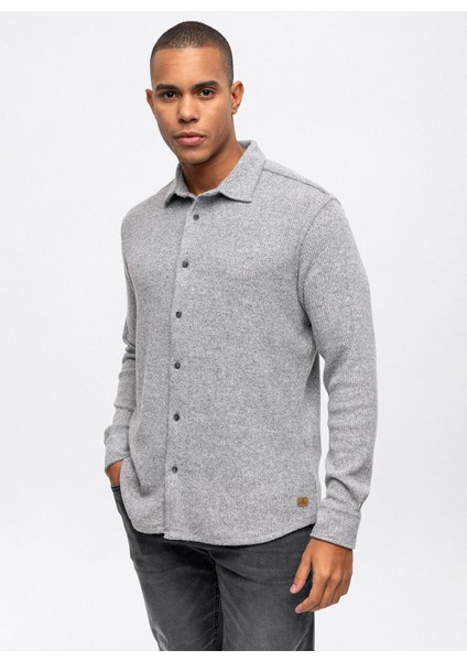 Regular Fit Düğmeli Yaka Düz Açık Gri Erkek Gömlek B33W22011