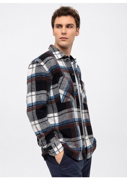 Oversize Klasik Yaka Kareli Siyah Erkek Gömlek B33W22053
