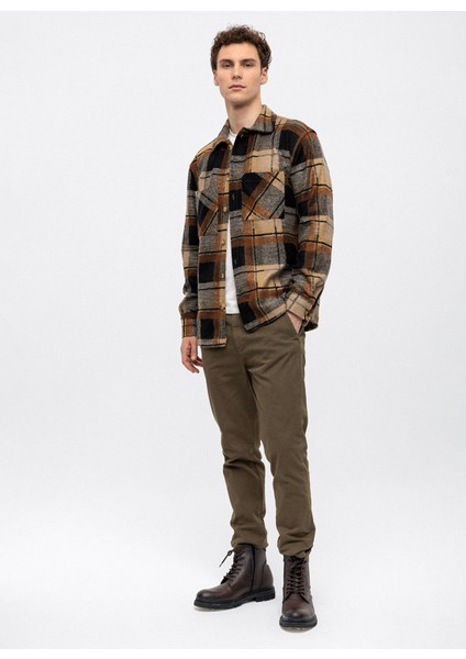Oversize Klasik Yaka Kareli Kahve Erkek Gömlek B33W22053