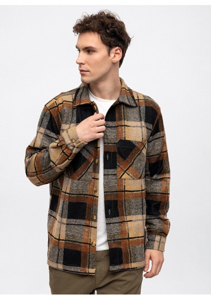 Oversize Klasik Yaka Kareli Kahve Erkek Gömlek B33W22053 fırsatları
