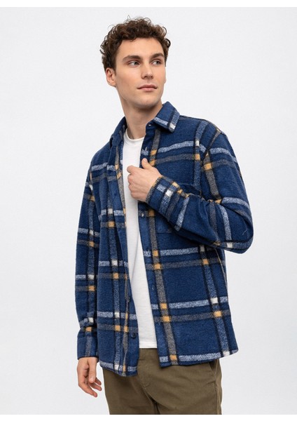 Oversize Klasik Yaka Kareli Lacivert Erkek Gömlek B33W22049