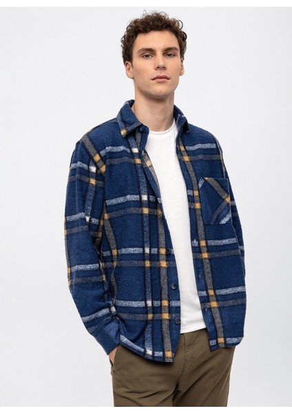 Oversize Klasik Yaka Kareli Lacivert Erkek Gömlek B33W22049