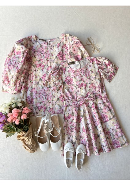 Pastel Desenli Balon Kol Poplin Bluz ve Kız Çocuk Kloş Elbise