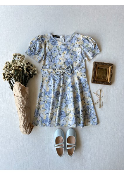 Pastel Desenli Balon Kol Poplin Bluz ve Kız Çocuk Kloş Elbise modelleri