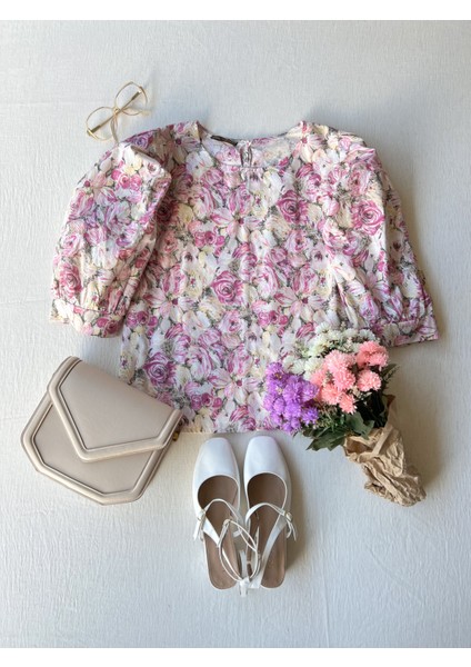 Pastel Desenli Balon Kol Poplin Bluz ve Kız Çocuk Kloş Elbise fiyatları