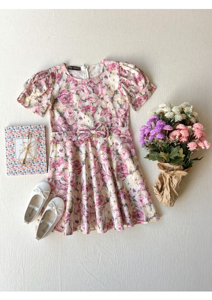 Pastel Desenli Balon Kol Poplin Bluz ve Kız Çocuk Kloş Elbise modelleri