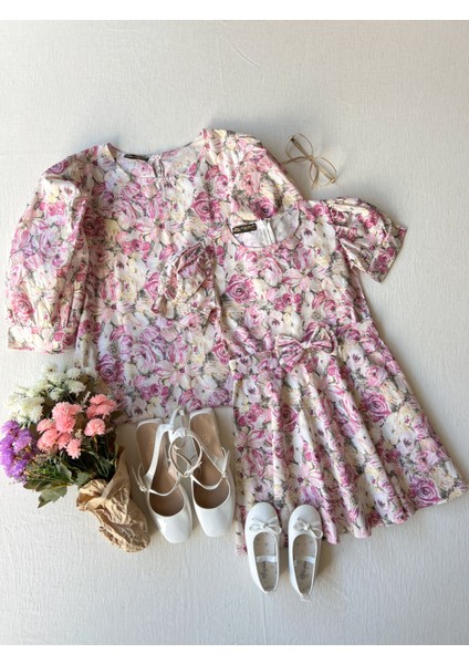 Pastel Desenli Balon Kol Poplin Bluz ve Kız Çocuk Kloş Elbise fırsatları
