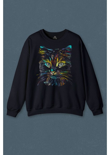 Renkli Sevimli Kedi Rengarenk Minnoş Cat Baskılı Unisex Sweat