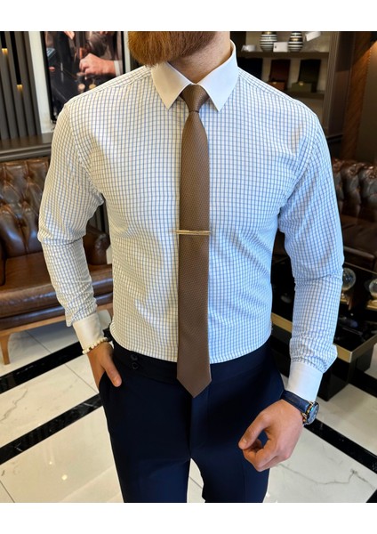 İtalyan stil kareli kravat yaka pamuk erkek gömlek mavi T11163