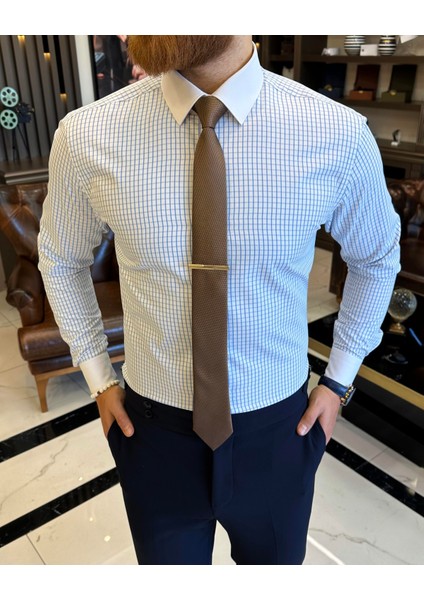 İtalyan stil kareli kravat yaka pamuk erkek gömlek mavi T11163 fiyatları