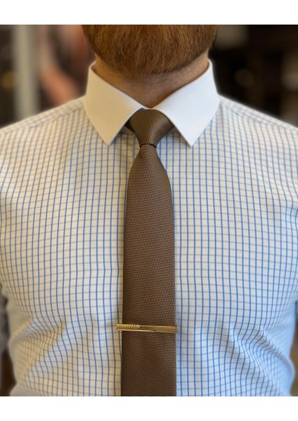 İtalyan stil kareli kravat yaka pamuk erkek gömlek mavi T11163 modelleri