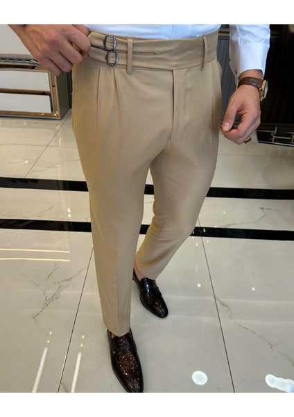 Italyan Kesim Kemerli Pileli Erkek Kumaş Pantolon Hardal T5821