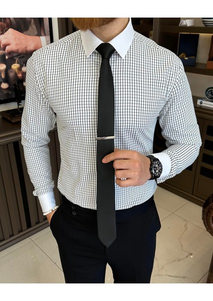 İtalyan stil kareli kravat yaka pamuk erkek gömlek siyah T11160