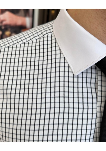 İtalyan stil kareli kravat yaka pamuk erkek gömlek siyah T11160 modelleri