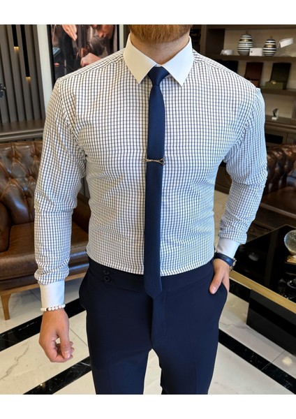 İtalyan stil kareli kravat yaka pamuk erkek gömlek lacivert T11164