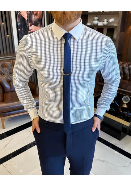 İtalyan stil kareli kravat yaka pamuk erkek gömlek lacivert T11164 fiyatları