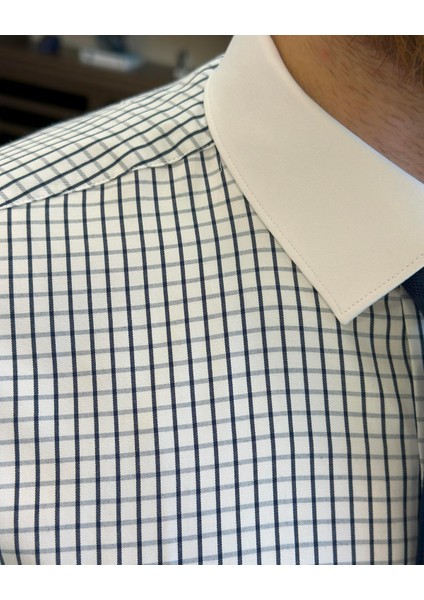 İtalyan stil kareli kravat yaka pamuk erkek gömlek lacivert T11164 modelleri