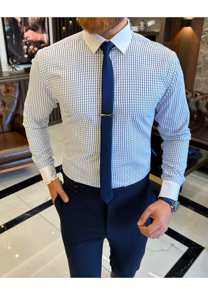 İtalyan stil kareli kravat yaka pamuk erkek gömlek saks T11165