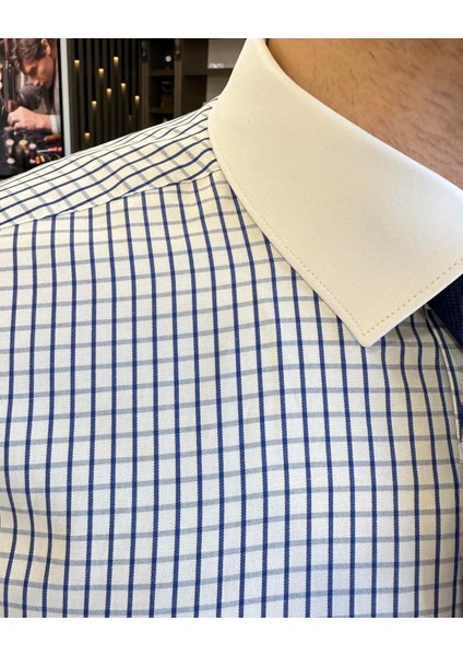 İtalyan stil kareli kravat yaka pamuk erkek gömlek saks T11165 modelleri