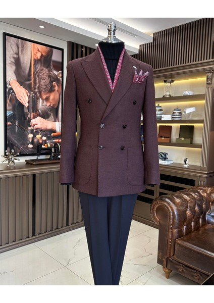 Italyan Stil Slim Fit Kruvaze Erkek Ceket Bordo T10970