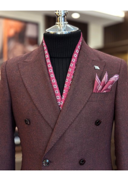 Italyan Stil Slim Fit Kruvaze Erkek Ceket Bordo T10970