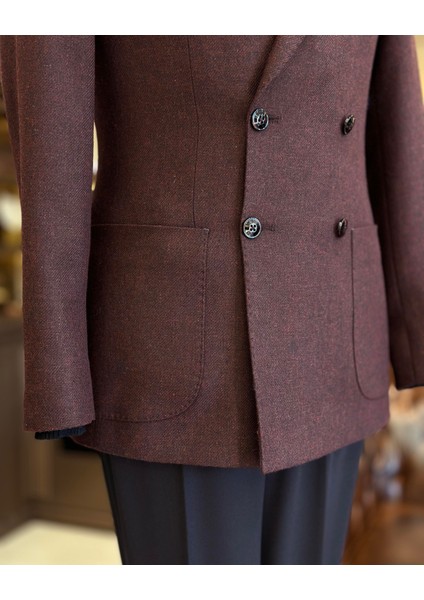 Italyan Stil Slim Fit Kruvaze Erkek Ceket Bordo T10970