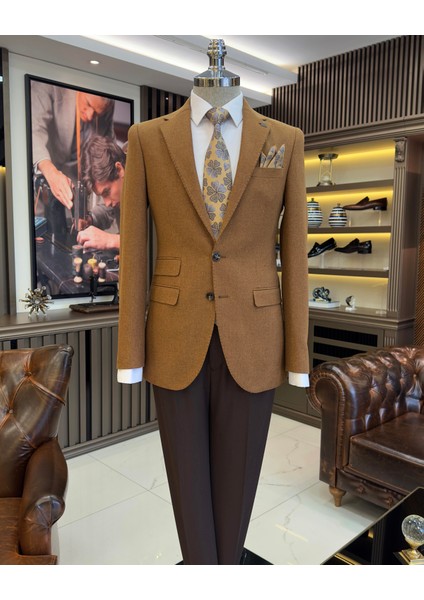 Italyan Stil Slim Fit 8 Drop Mono Yaka Erkek Ceket Camel T10982