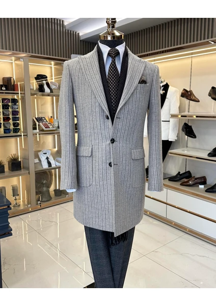 İtalyan stil slim fit sivri yaka yün karışımlı kaşe erkek kaban gri T11385