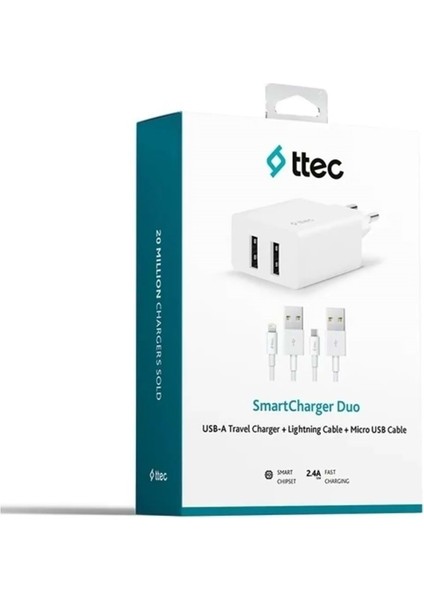 2SCS21DB Smartcharger Duo Seyahat Sarj Aletı Cıft USB 2.4A + Lıghtnıng ve Mıcro USB Kablo Beyaz