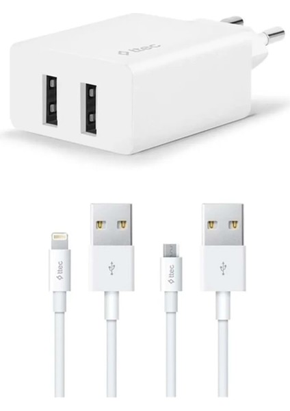 2SCS21DB Smartcharger Duo Seyahat Sarj Aletı Cıft USB 2.4A + Lıghtnıng ve Mıcro USB Kablo Beyaz