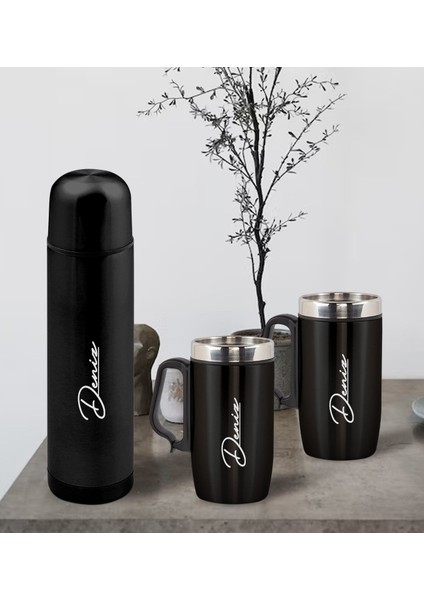 Gift Kişiye Özel Deri Çantalı Siyah Seyahat Termosu ve Ikili Termos Mug Hediye Seti -2