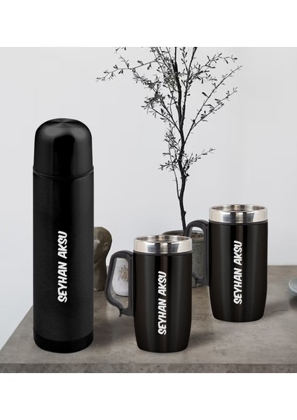 Gift Kişiye Özel Deri Çantalı Siyah Seyahat Termosu ve Ikili Termos Mug Hediye Seti -1