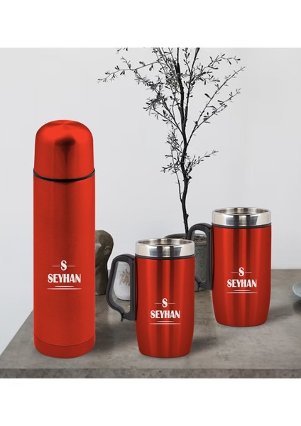 Gift Kişiye Özel Deri Çantalı Kırmızı Seyahat Termosu ve Ikili Termos Mug Hediye Seti - 7