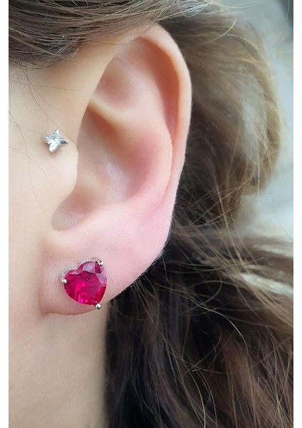 Sky Diamond Red Creative Rubies 925 Ayar Gümüş Kalp Küpe modelleri