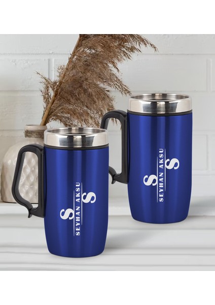 Gift Kişiye Özel Deri Çantalı Mavi Seyahat Termosu ve Ikili Termos Mug Hediye Seti -6 fiyatları