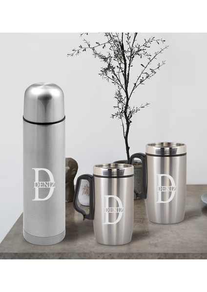 Gift Kişiye Özel Deri Çantalı Krom Seyahat Termosu ve Ikili Termos Mug Hediye Seti - 3