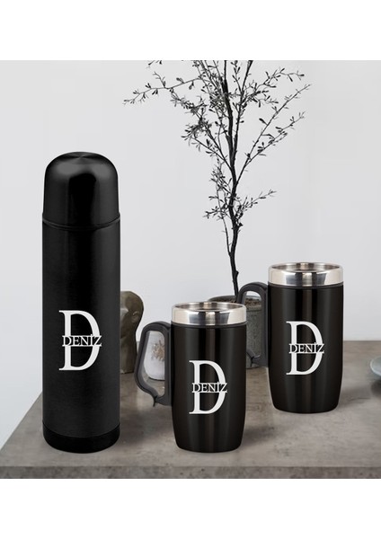 Gift Kişiye Özel Deri Çantalı Siyah Seyahat Termosu ve Ikili Termos Mug Hediye Seti -3