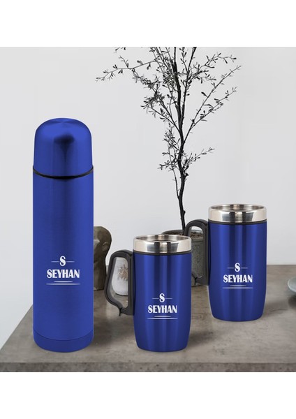 Gift Kişiye Özel Deri Çantalı Mavi Seyahat Termosu ve Ikili Termos Mug Hediye Seti -7