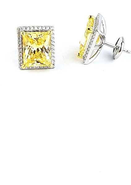Sky Diamond Yellow Sitrin Taşlı 925ayar Gümüş Üzerine Beyaz Altın Kaplama Baget Tek Taş Küpe