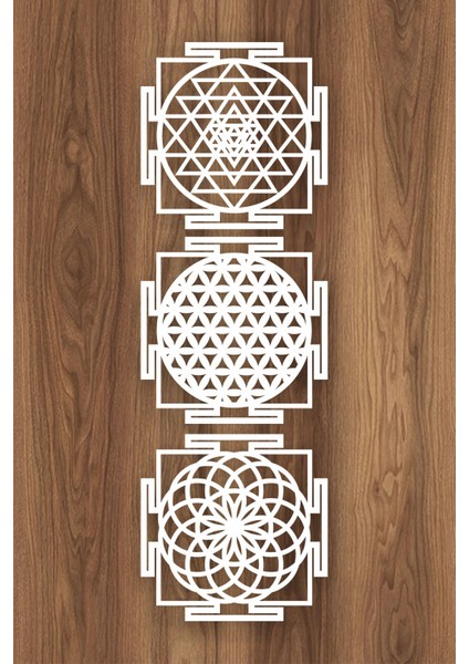 Ahşap Yaşam Çiçeği Sri Yantra Torus Nefesi Üçlü Dekoratif Tablo Duvar Süsü Ev Hediyesi 30 cm