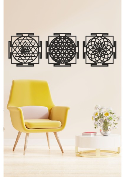 Ahşap Yaşam Çiçeği Sri Yantra Torus Nefesi Üçlü Dekoratif Tablo Duvar Süsü Ev Hediyesi 30 cm