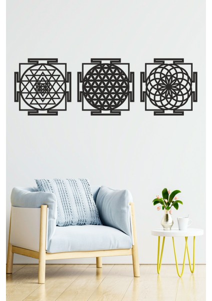 Ahşap Yaşam Çiçeği Sri Yantra Torus Nefesi Üçlü Dekoratif Tablo Duvar Süsü Ev Hediyesi 30 cm