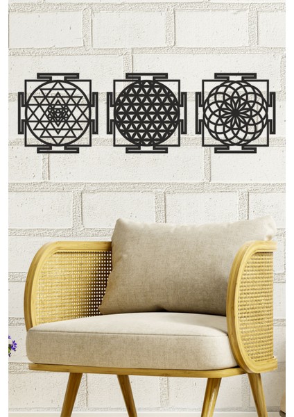 Ahşap Yaşam Çiçeği Sri Yantra Torus Nefesi Üçlü Dekoratif Tablo Duvar Süsü Ev Hediyesi 30 cm