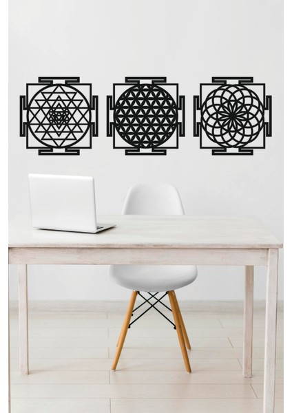 Ahşap Yaşam Çiçeği Sri Yantra Torus Nefesi Üçlü Dekoratif Tablo Duvar Süsü Ev Hediyesi 30 cm