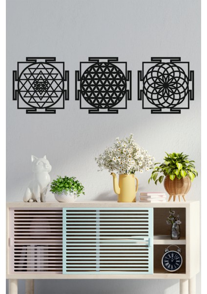 Ahşap Yaşam Çiçeği Sri Yantra Torus Nefesi Üçlü Dekoratif Tablo Duvar Süsü Ev Hediyesi 30 cm