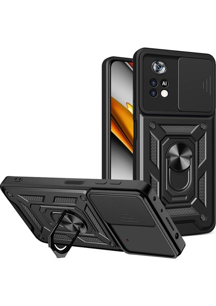 Xiaomi Poco X4 Pro 5g Kılıf Kamera Korumalı Sürgülü Yüzüklü Standlı