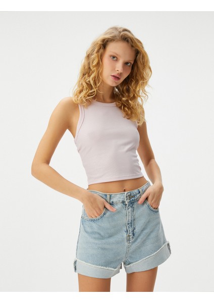Parlak Crop Atlet Bisiklet Yaka Kolsuz Slim Fit Ribanalı