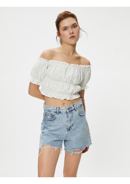 Omzu Açık Bluz Crop Balon Kollu Fırfırlı