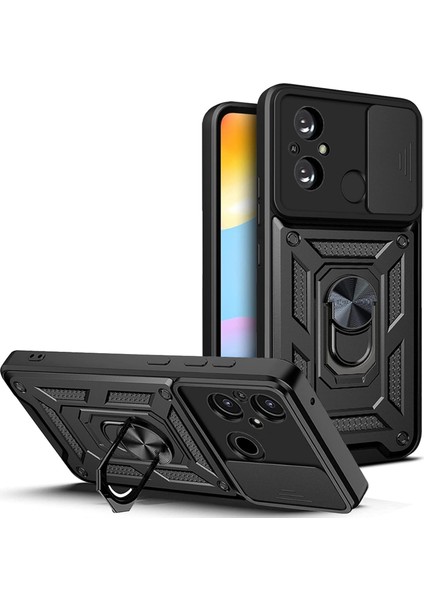 Xiaomi Redmi 12C Kılıf Kamera Korumalı Sürgülü Yüzüklü Standlı Military Armor Zırh Tank Pars Kapak Sert Silikon Kızaklı Telefon Kılıfı Mıknatıslı 360 Dönen Yüzüklü