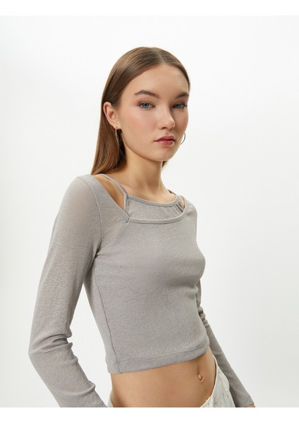 Omzu Açık Crop Tişört Çift Asimetrik Yaka Uzun Kollu Slim Fit